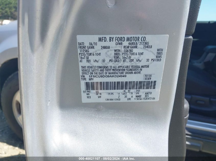 2010 Ford Escape Xlt VIN: 1FMCU9DG9AKD24949 Lot: 40021107