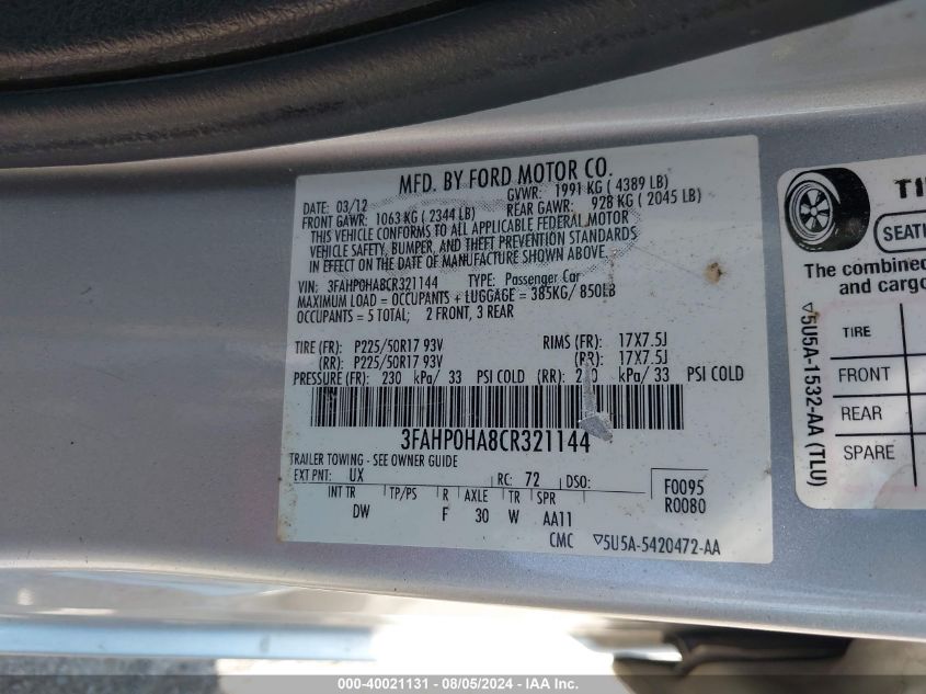 2012 Ford Fusion Se VIN: 3FAHP0HA8CR321144 Lot: 40021131
