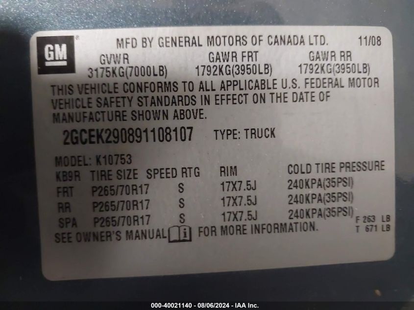 2GCEK290891108107 | 2009 CHEVROLET SILVERADO 1500