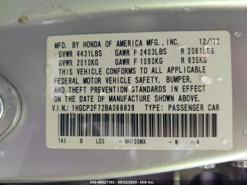 2011 Honda Accord 2.4 Ex VIN: 1HGCP2F72BA068839 Lot: 40021163