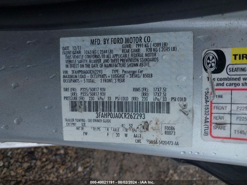 2012 Ford Fusion Sel VIN: 3FAHP0JA0CR262293 Lot: 40021191