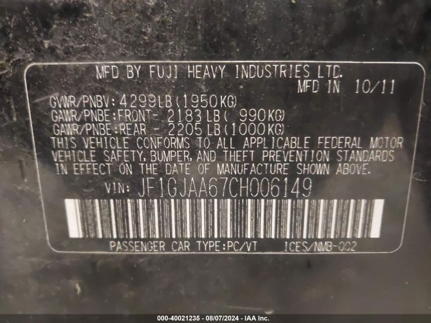 2012 Subaru Impreza 2.0I VIN: JF1GJAA67CH006149 Lot: 40021235