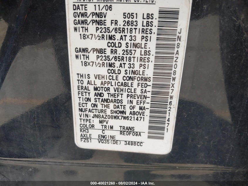 2007 Nissan Murano Sl VIN: JN8AZ08WX7W621471 Lot: 40021260