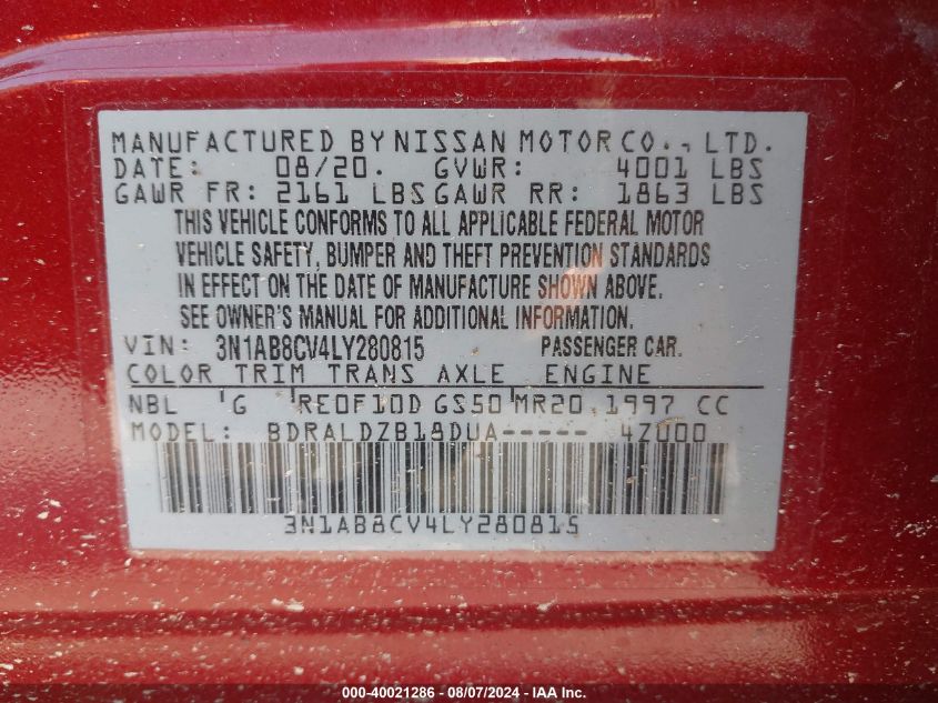 2020 Nissan Sentra Sv Xtronic Cvt VIN: 3N1AB8CV4LY280815 Lot: 40021286