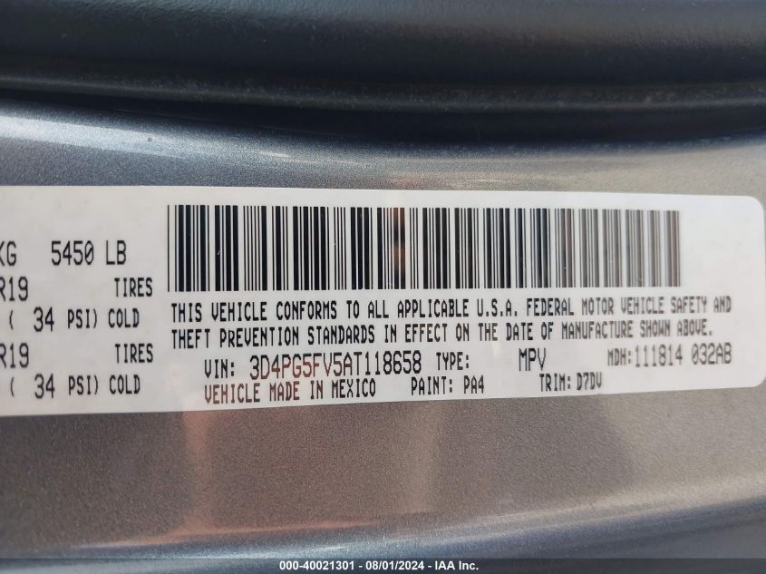 2010 Dodge Journey Sxt VIN: 3D4PG5FV5AT118658 Lot: 40021301
