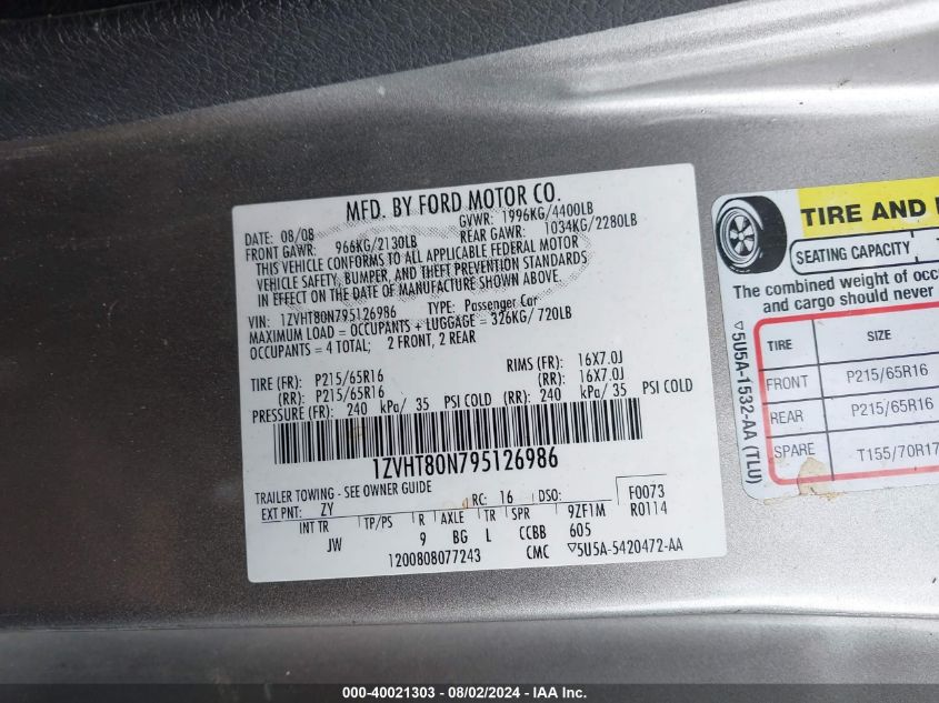 2009 Ford Mustang VIN: 1ZVHT80N795126986 Lot: 40021303