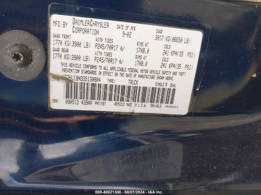 2003 Dodge Ram 1500 Slt/Laramie/St VIN: 1D7HU18N33S130804 Lot: 40021308