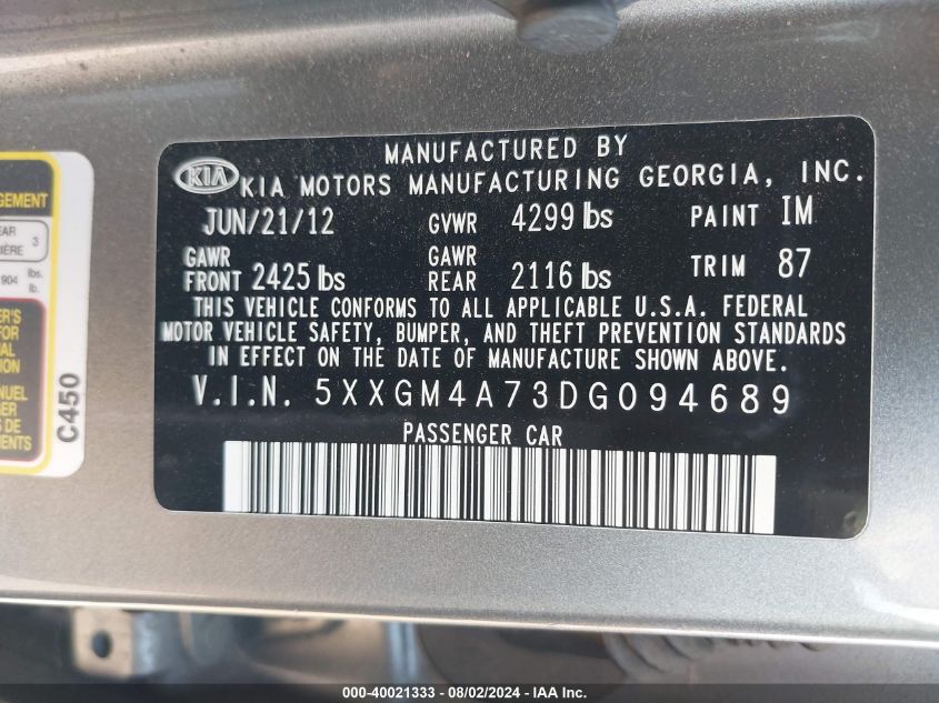 2013 Kia Optima Lx VIN: 5XXGM4A73DG094689 Lot: 40021333