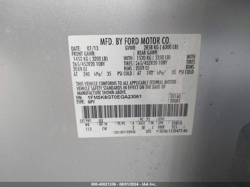 2014 Ford Explorer Sport VIN: 1FM5K8GT0EGA23061 Lot: 40021336