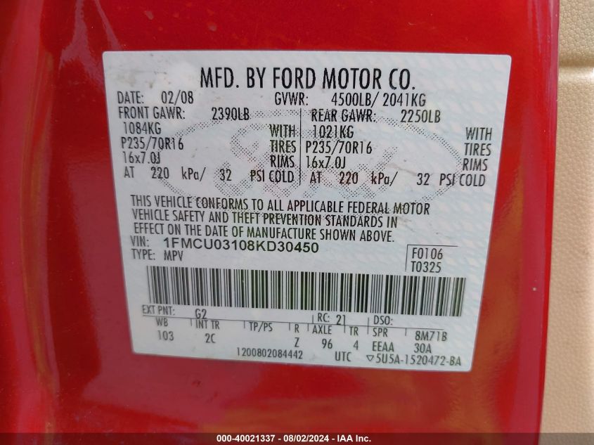 2008 Ford Escape Xlt VIN: 1FMCU03108KD30450 Lot: 40021337