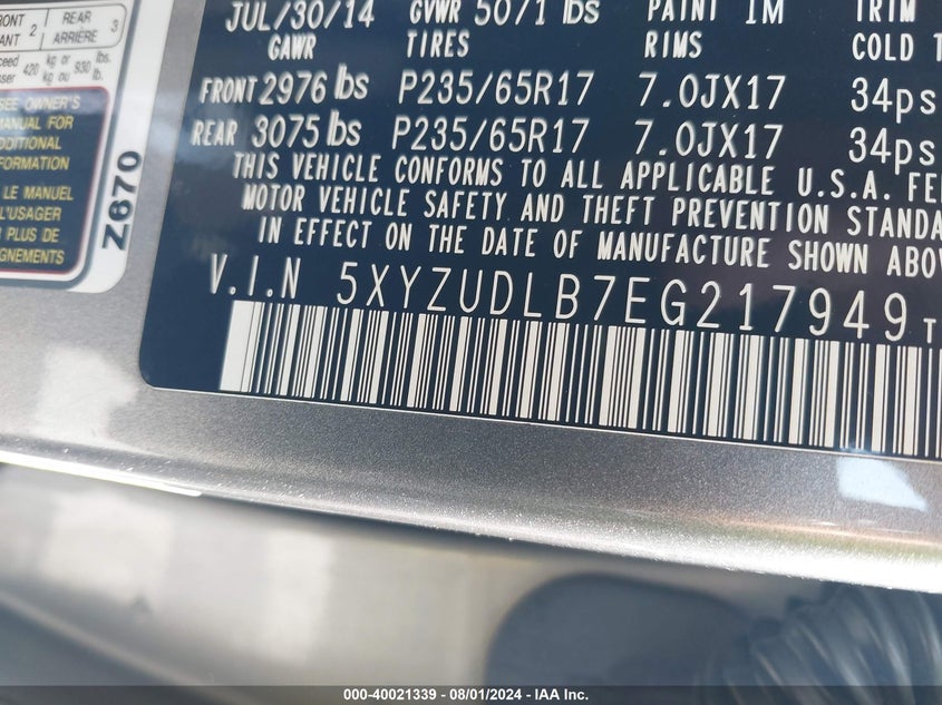 2014 Hyundai Santa Fe Sport 2.4L VIN: 5XYZUDLB7EG217949 Lot: 40021339