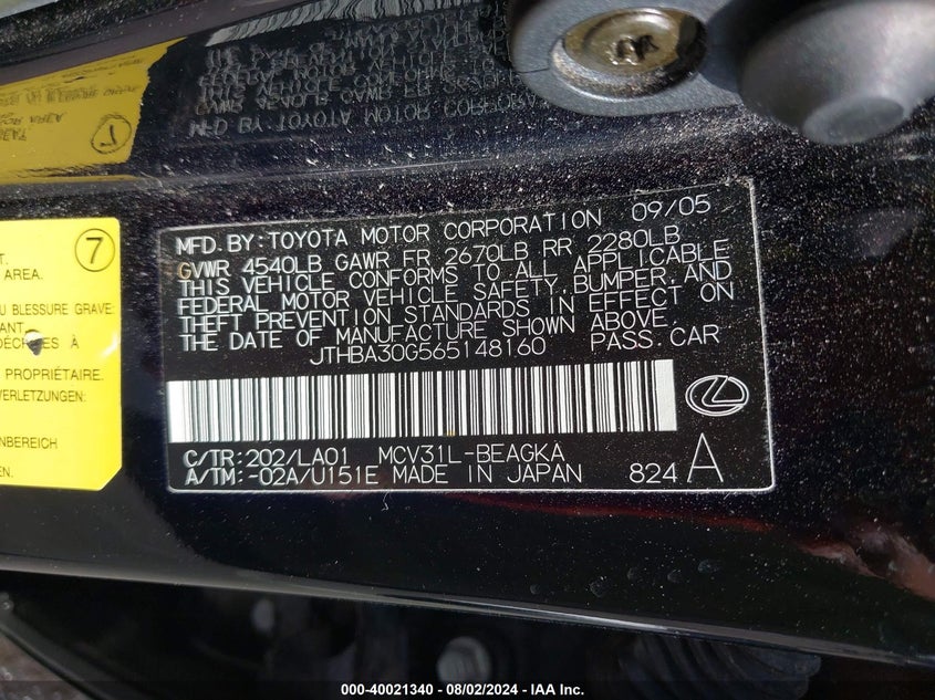 2006 Lexus Es 330 VIN: JTHBA30G565148160 Lot: 40021340