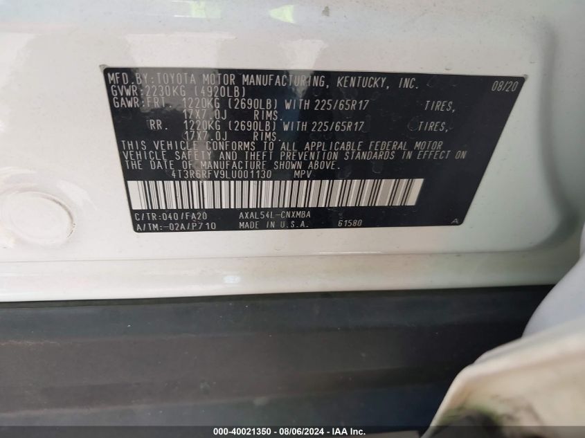 2020 Toyota Rav4 Hybrid Xle VIN: 4T3R6RFV9LU001130 Lot: 40021350