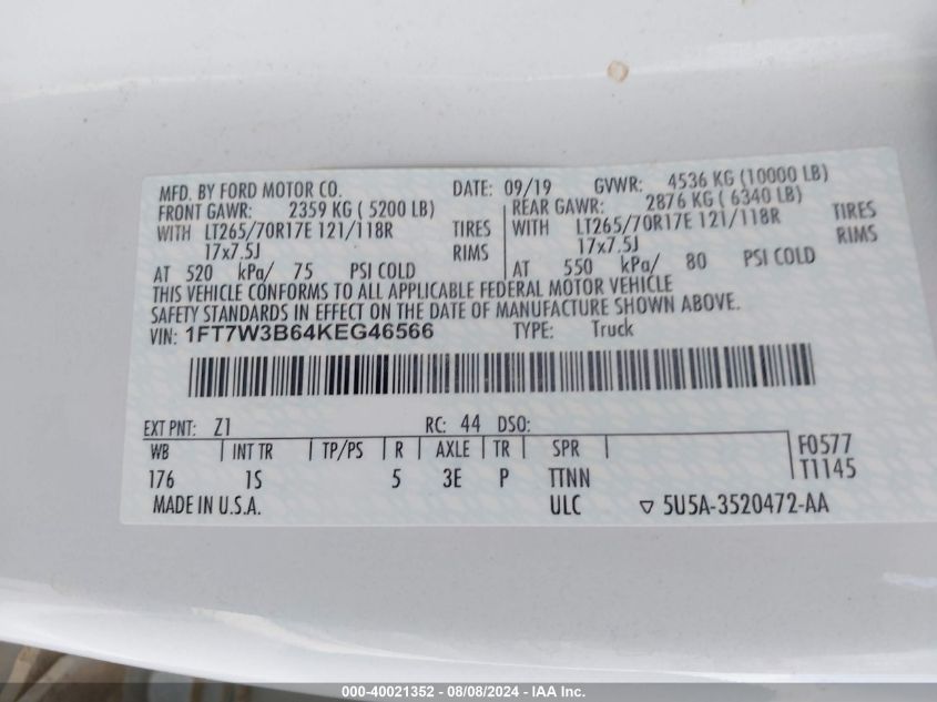 2019 Ford F-350 Xl VIN: 1FT7W3B64KEG46566 Lot: 40021352