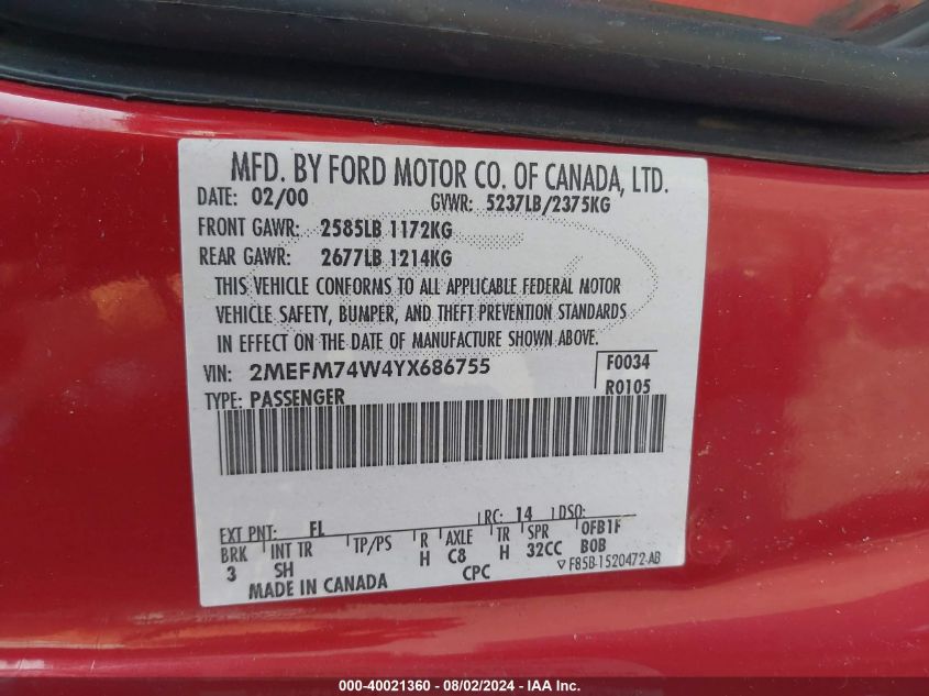 2000 Mercury Grand Marquis Gs VIN: 2MEFM74W4YX686755 Lot: 40021360