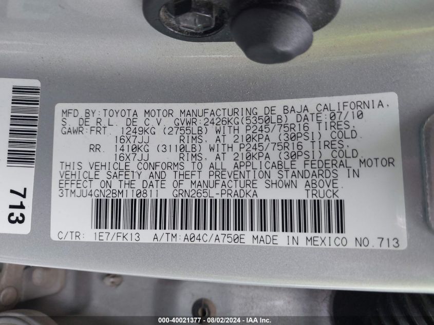 2011 Toyota Tacoma Prerunner V6 VIN: 3TMJU4GN2BM110811 Lot: 40021377