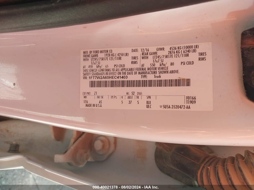 2017 Ford F250 Super Duty VIN: 1FT7W2A65HEC41403 Lot: 40021378