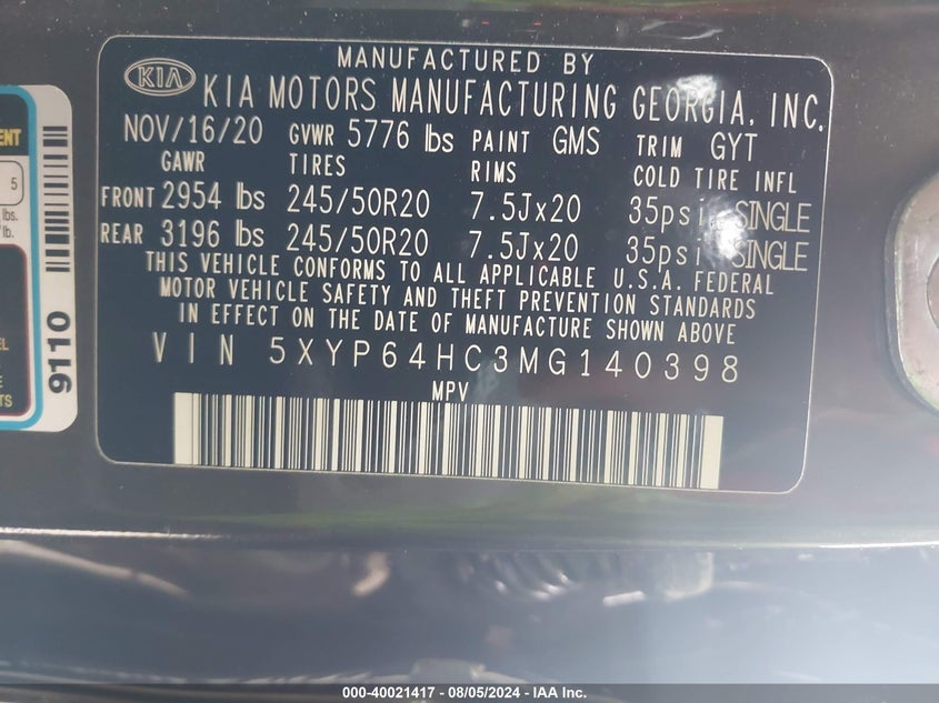 VIN 5XYP64HC3MG140398 2021 KIA TELLURIDE S