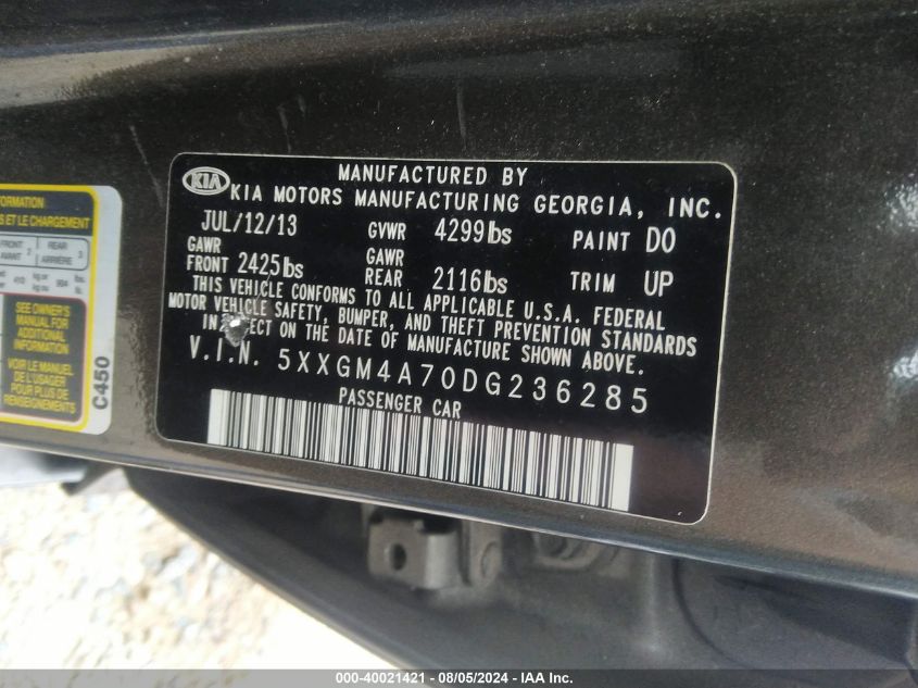 5XXGM4A70DG236285 | 2013 KIA OPTIMA