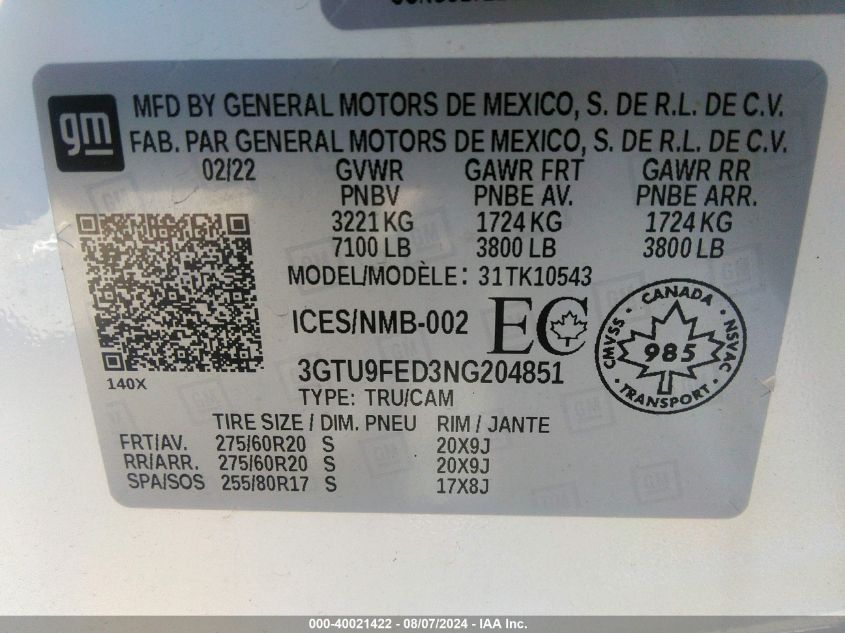 2022 GMC Sierra 1500 Limited 4Wd Short Box Denali/4Wd Standard Box Denali VIN: 3GTU9FED3NG204851 Lot: 40021422