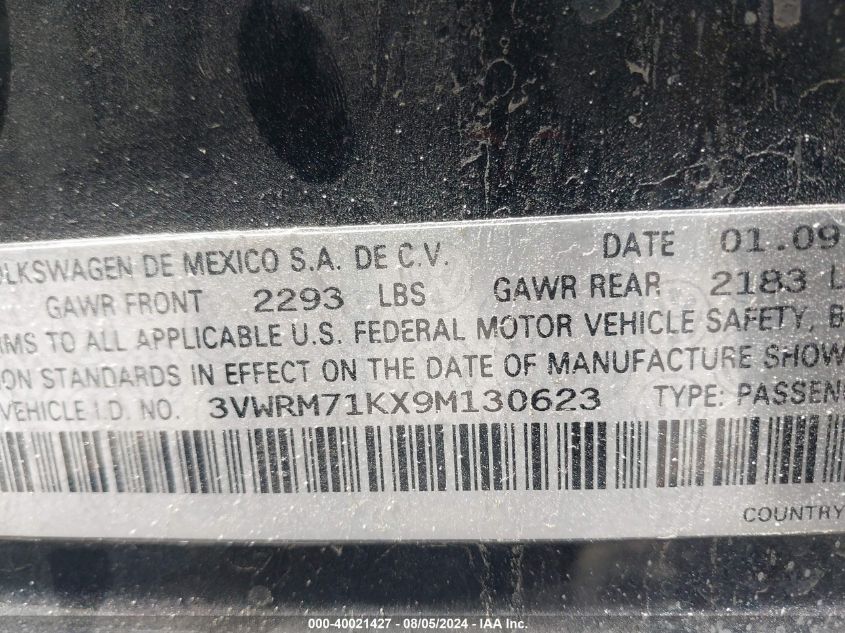 2009 Volkswagen Jetta Se/Sel VIN: 3VWRM71KX9M130623 Lot: 40021427