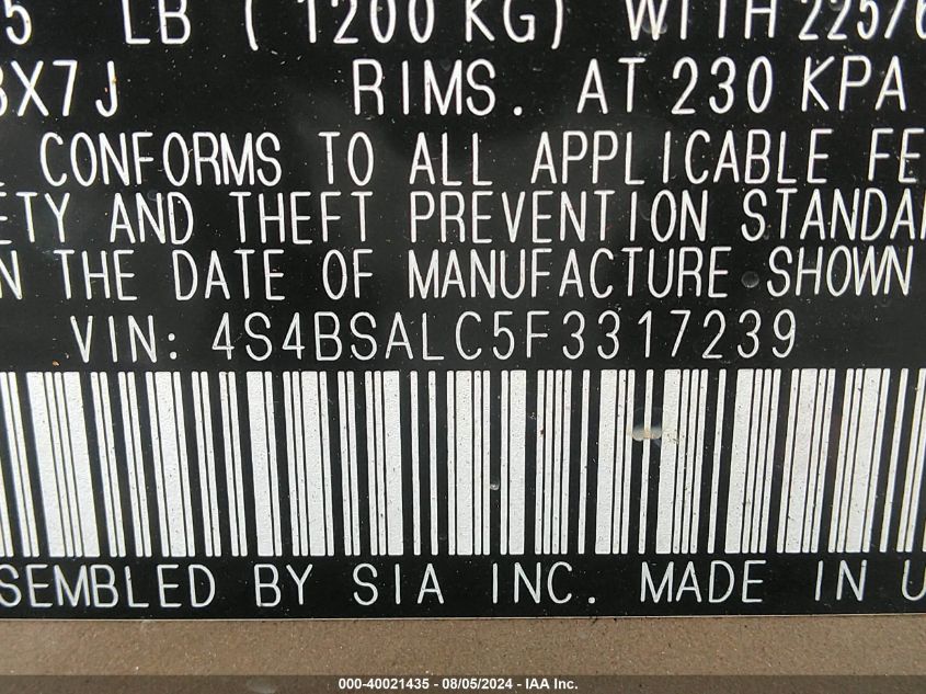 2015 Subaru Outback 2.5I Limited VIN: 4S4BSALC5F3317239 Lot: 40021435