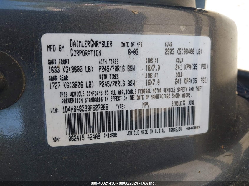 2003 Dodge Durango Slt VIN: 1D4HS48Z33F627268 Lot: 40021436