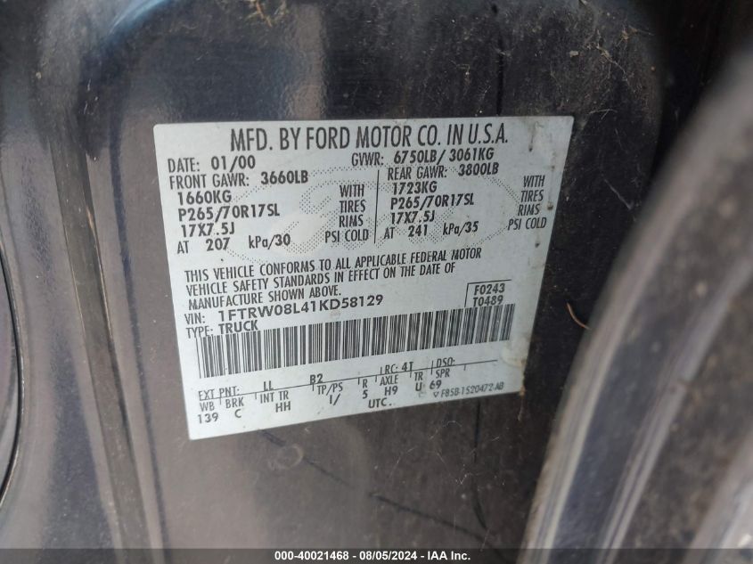 2001 Ford F-150 King Ranch Edition/Lariat/Xlt VIN: 1FTRW08L41KD58129 Lot: 40021468