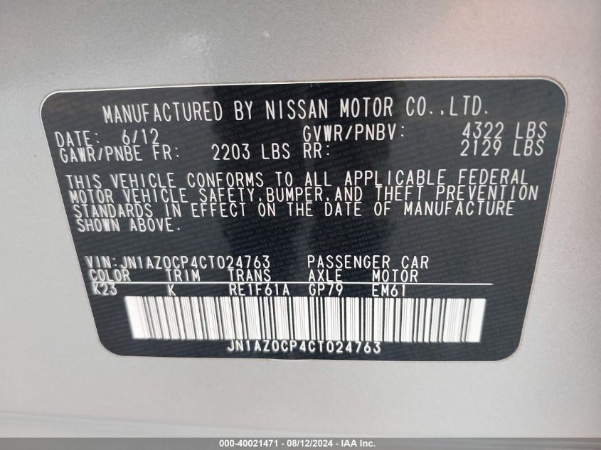 2012 Nissan Leaf Sl VIN: JN1AZ0CP4CT024763 Lot: 40021471