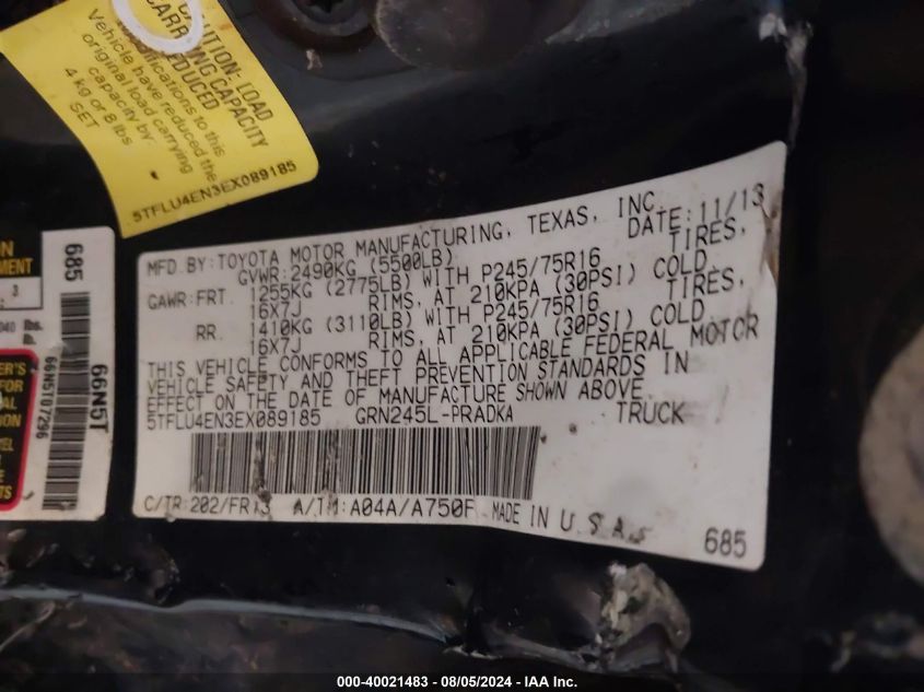 2014 Toyota Tacoma Double Cab VIN: 5TFLU4EN3EX089185 Lot: 40021483