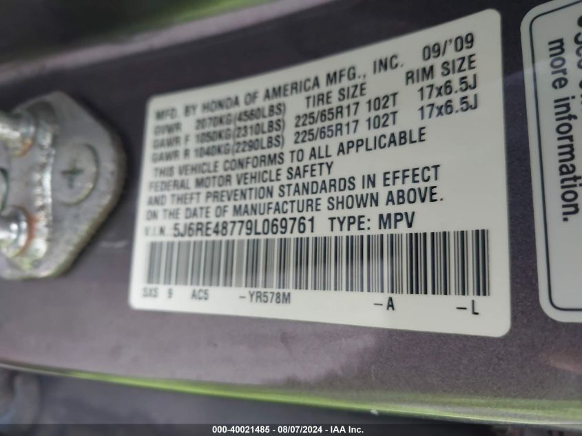 2009 Honda Cr-V Exl VIN: 5J6RE48779L069761 Lot: 40021485