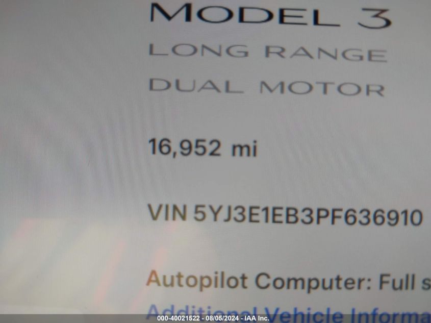 2023 Tesla Model 3 VIN: 5YJ3E1EB3PF636910 Lot: 40021522