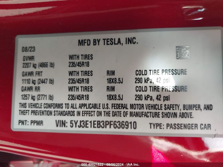 2023 Tesla Model 3 VIN: 5YJ3E1EB3PF636910 Lot: 40021522