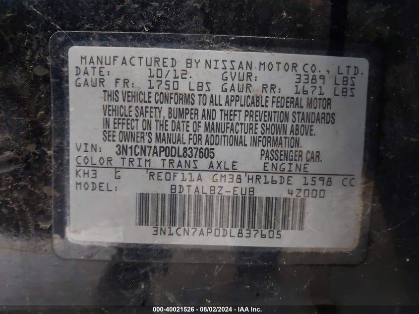 2013 Nissan Versa 1.6 Sv VIN: 3N1CN7AP0DL837605 Lot: 40021526