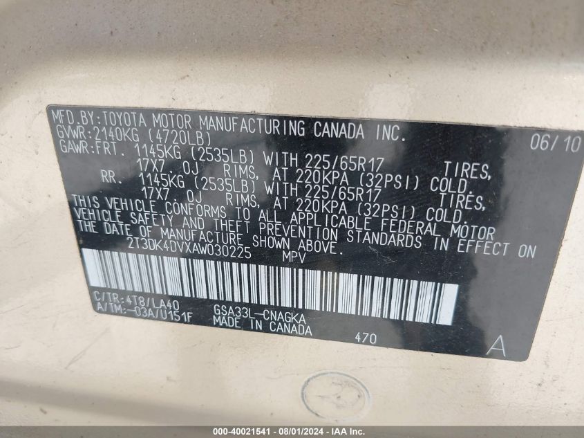 2010 Toyota Rav4 Limited V6 VIN: 2T3DK4DVXAW030225 Lot: 40021541