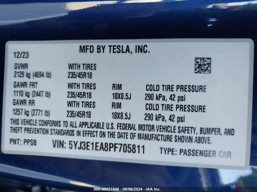 2023 Tesla Model 3 Rear-Wheel Drive VIN: 5YJ3E1EA8PF705811 Lot: 40021546