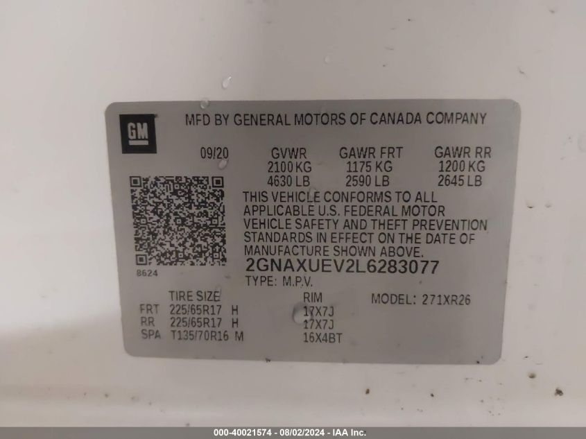 2020 Chevrolet Equinox Lt VIN: 2GNAXUEV2L6283077 Lot: 40021574