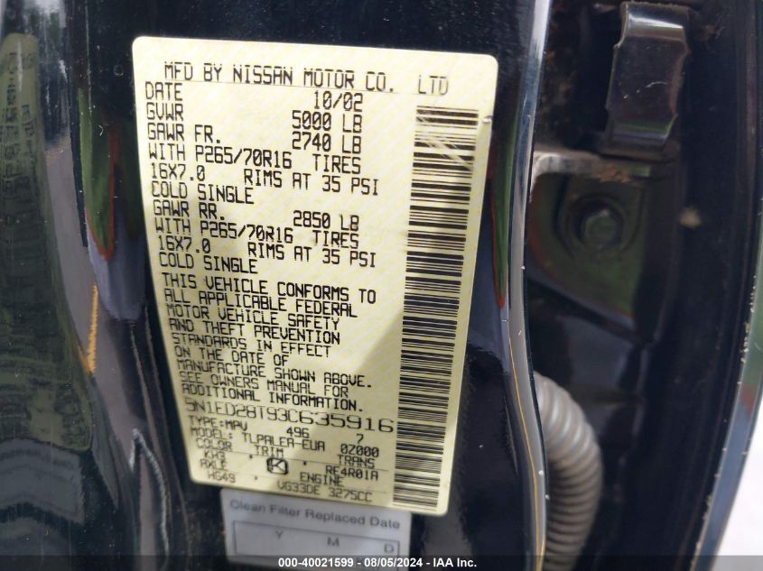 2003 Nissan Xterra Xe/Se VIN: 5N1ED28T93C635916 Lot: 40021599