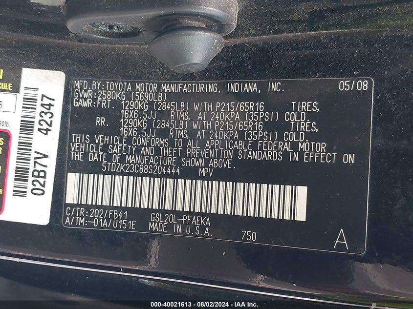 2008 Toyota Sienna Ce VIN: 5TDZK23C88S204444 Lot: 40021613