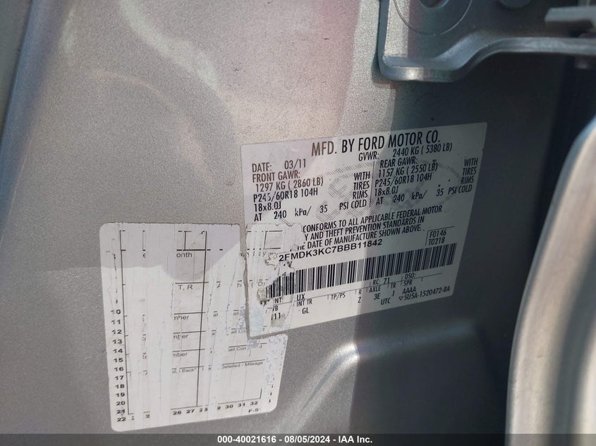 2011 Ford Edge Limited VIN: 2FMDK3KC7BBB11842 Lot: 40021616