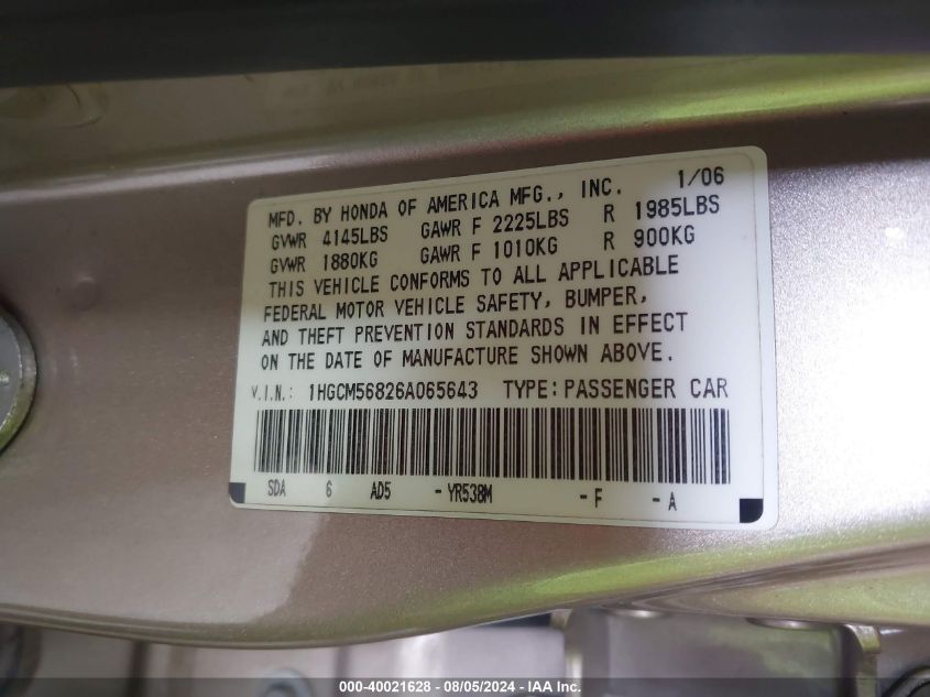 2006 Honda Accord Ex VIN: 1HGCM56826A065643 Lot: 40021628