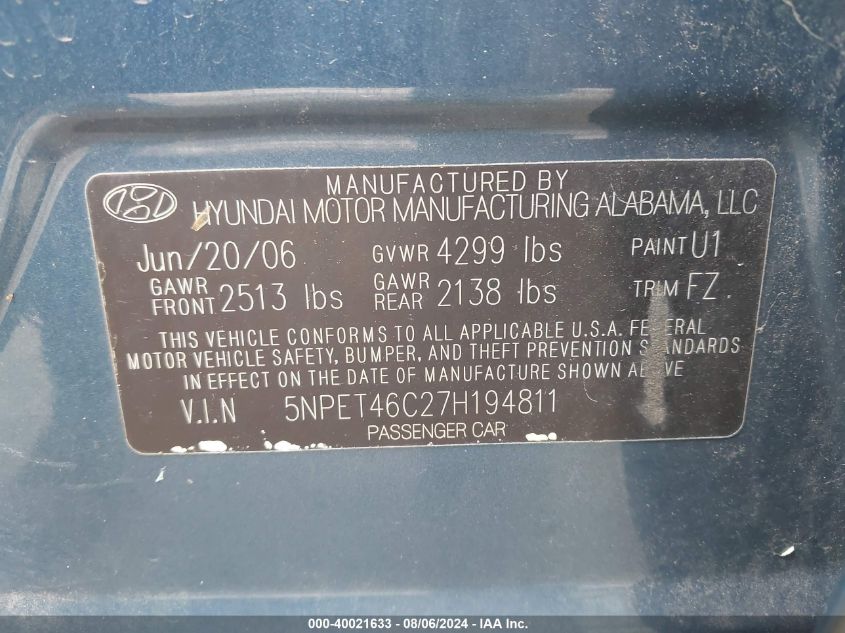 5NPET46C27H194811 2007 Hyundai Sonata Gls