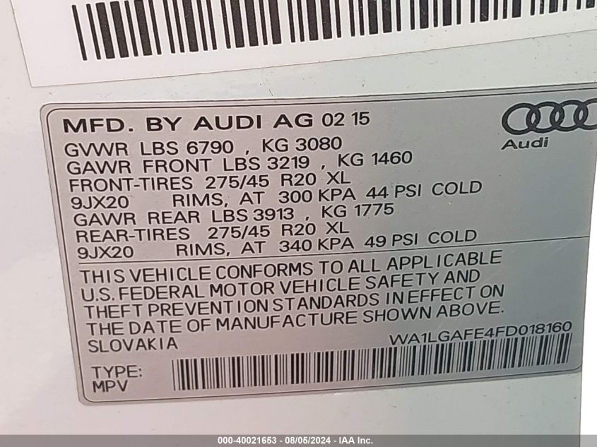 WA1LGAFE4FD018160 2015 Audi Q7 3.0T Premium