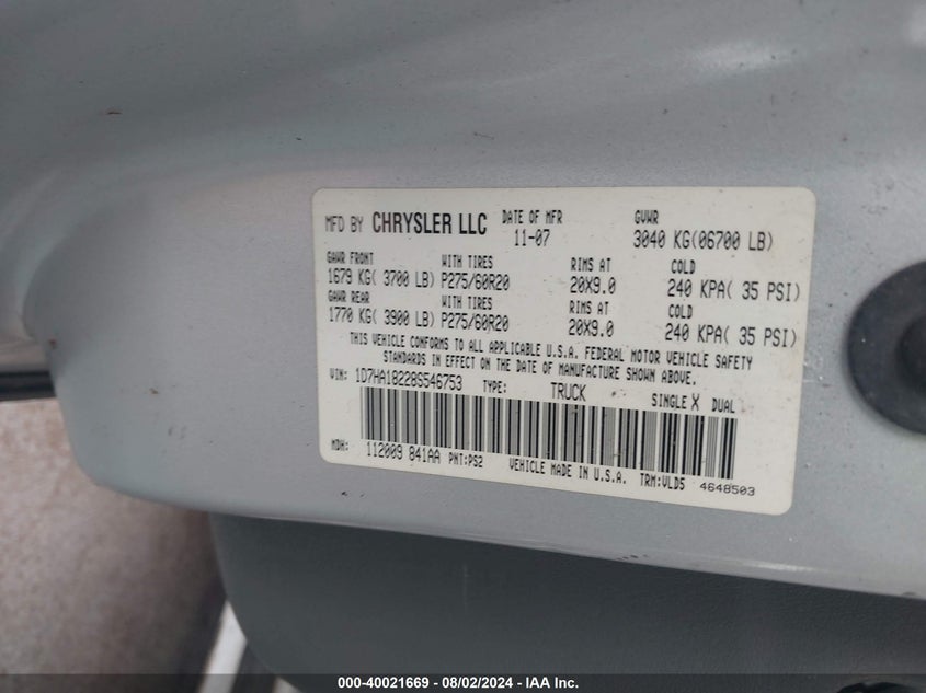 2008 Dodge Ram 1500 St/Slt VIN: 1D7HA18228S546753 Lot: 40021669