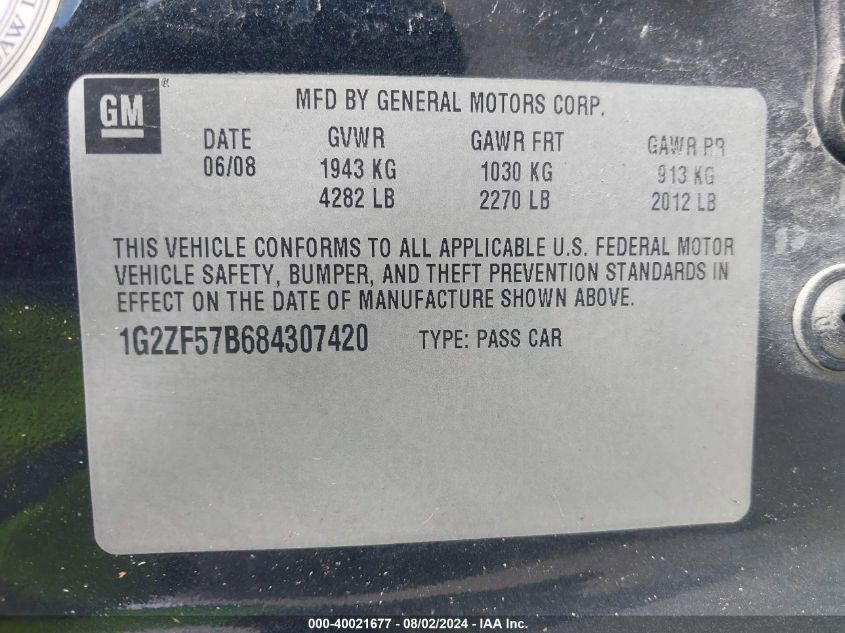 2008 Pontiac G6 Value Leader VIN: 1G2ZF57B684307420 Lot: 40021677