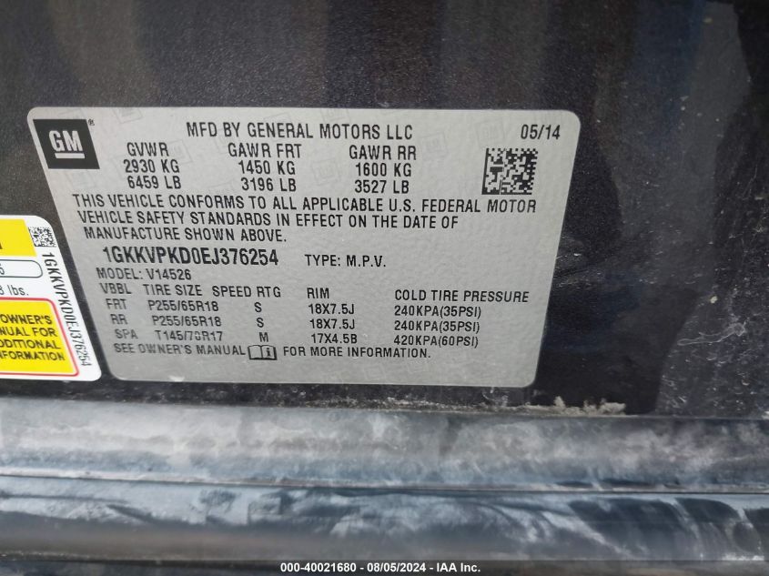 1GKKVPKD0EJ376254 2014 GMC Acadia Sle-2