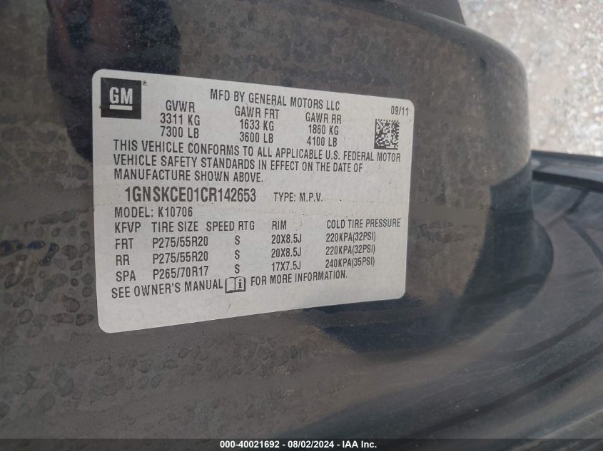 2012 Chevrolet Tahoe Ltz VIN: 1GNSKCE01CR142653 Lot: 40021692