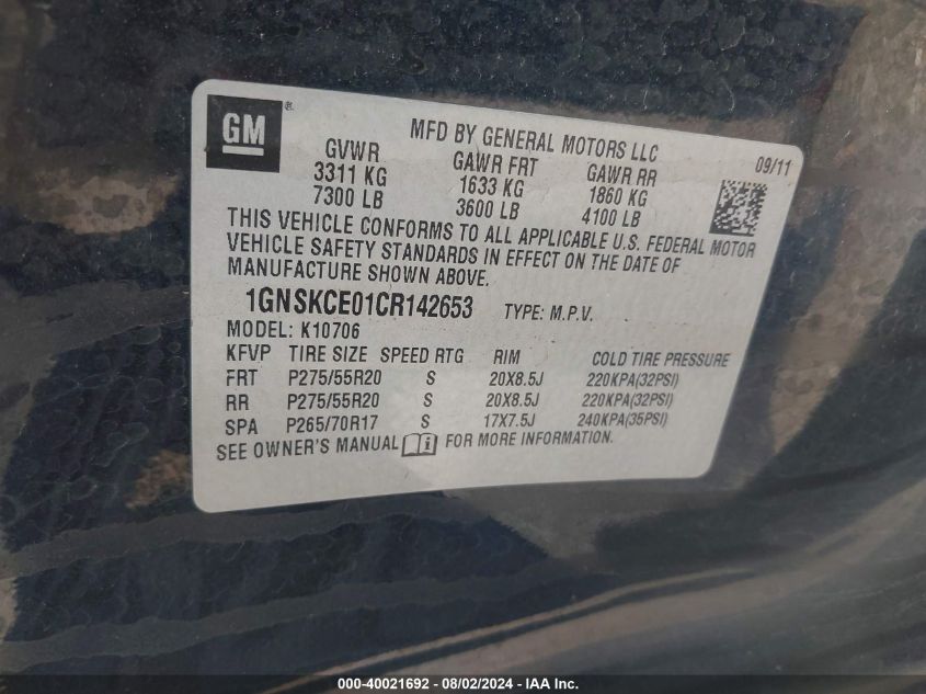 2012 Chevrolet Tahoe Ltz VIN: 1GNSKCE01CR142653 Lot: 40021692