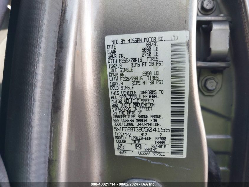 2002 Nissan Xterra Xe VIN: 5N1ED28T32C504155 Lot: 40021714