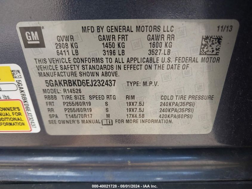 2014 Buick Enclave Leather VIN: 5GAKRBKD6EJ232437 Lot: 40021728